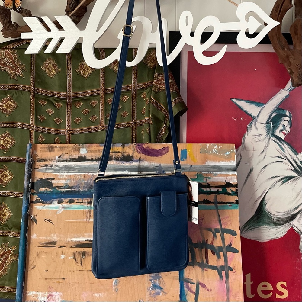 Mundi Pockets Plus Crossbody Bag with SafeKeeper in Navy Blue Vegan Leather - Picture 13 of 13